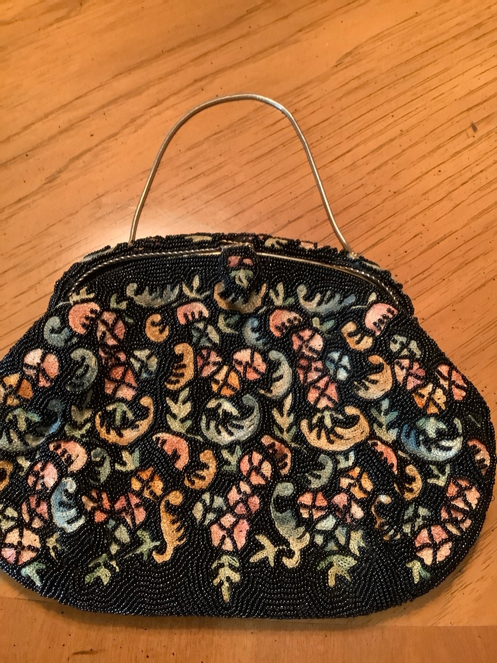 Gorgeous AG Charlet Beaded Floral Evening Bag in Black with Pastel Embroidery.